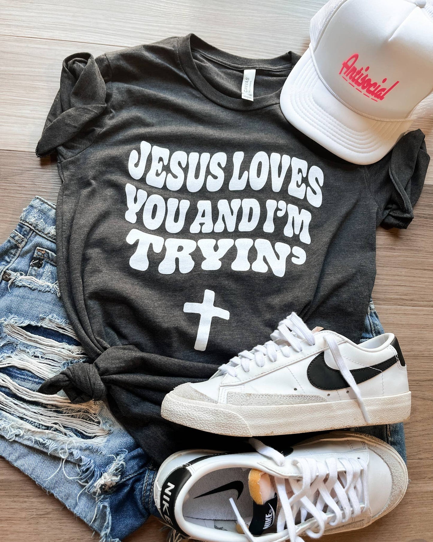 Jesus Loves You And I'm Tryin' Crew Neck Graphic Tee