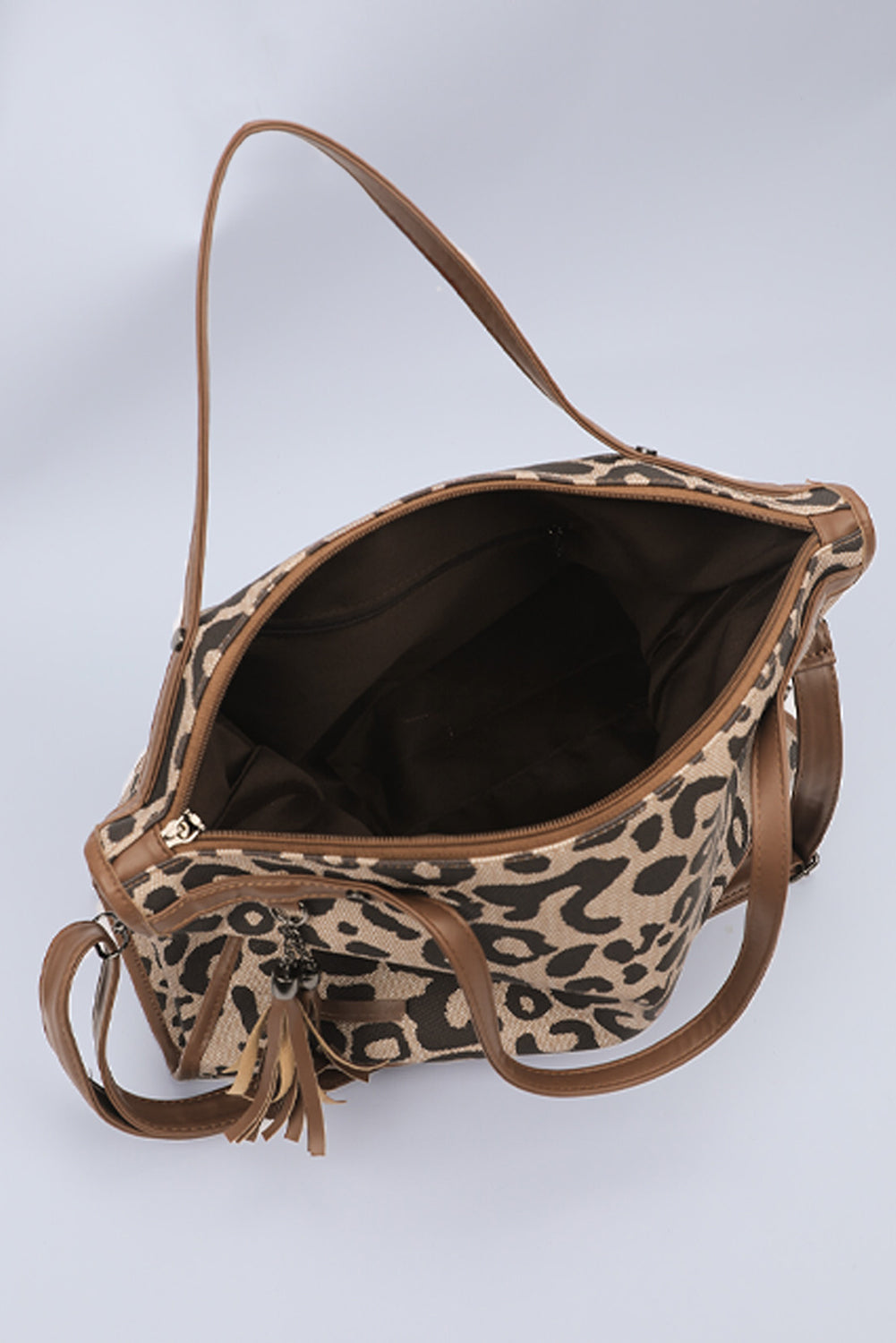 Leopard Print Studded Tassel Zipper Tote Bag