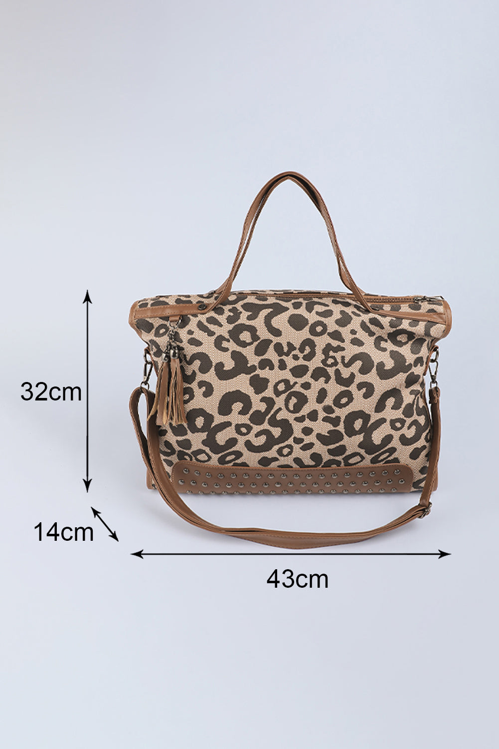 Leopard Print Studded Tassel Zipper Tote Bag