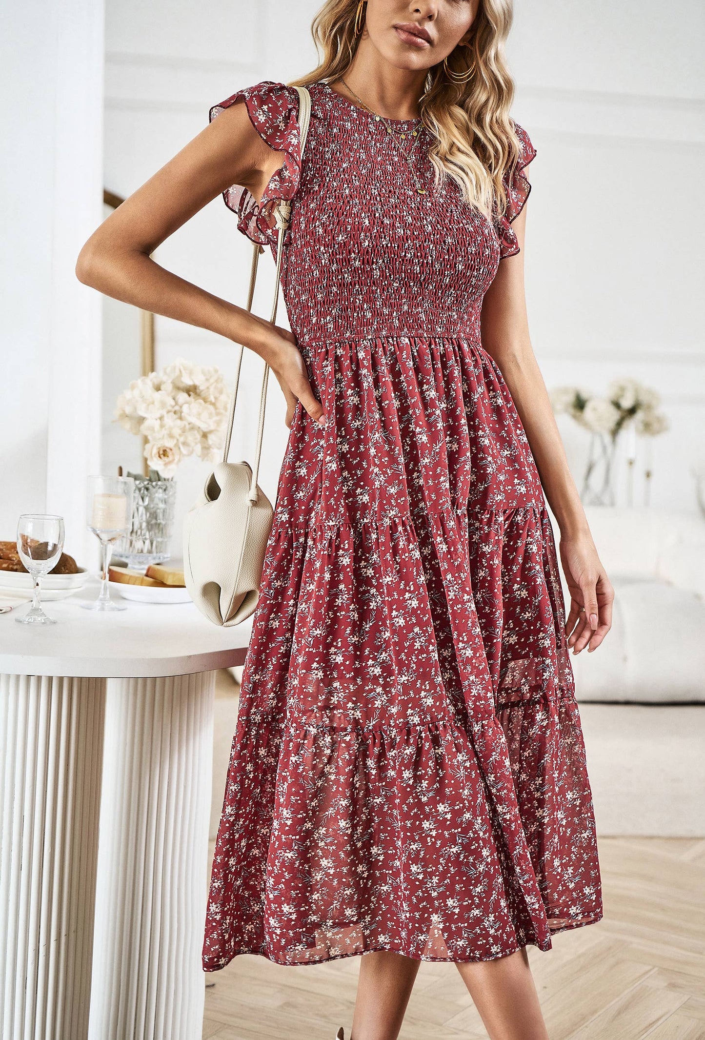 Smocked Floral Tiered Midi Dress SZ25-DR23042