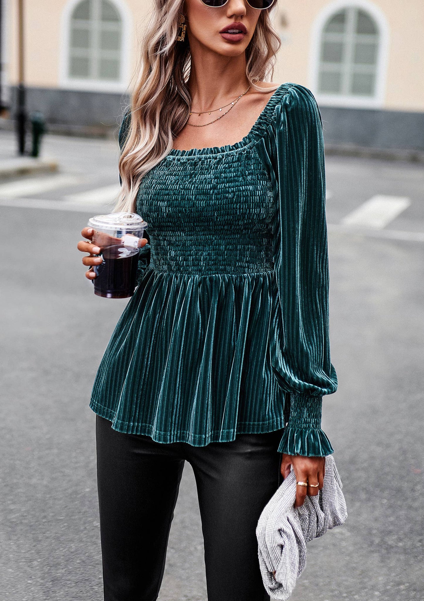 Velvet Smocked Ribbed Square Neck Peplum Blouse
