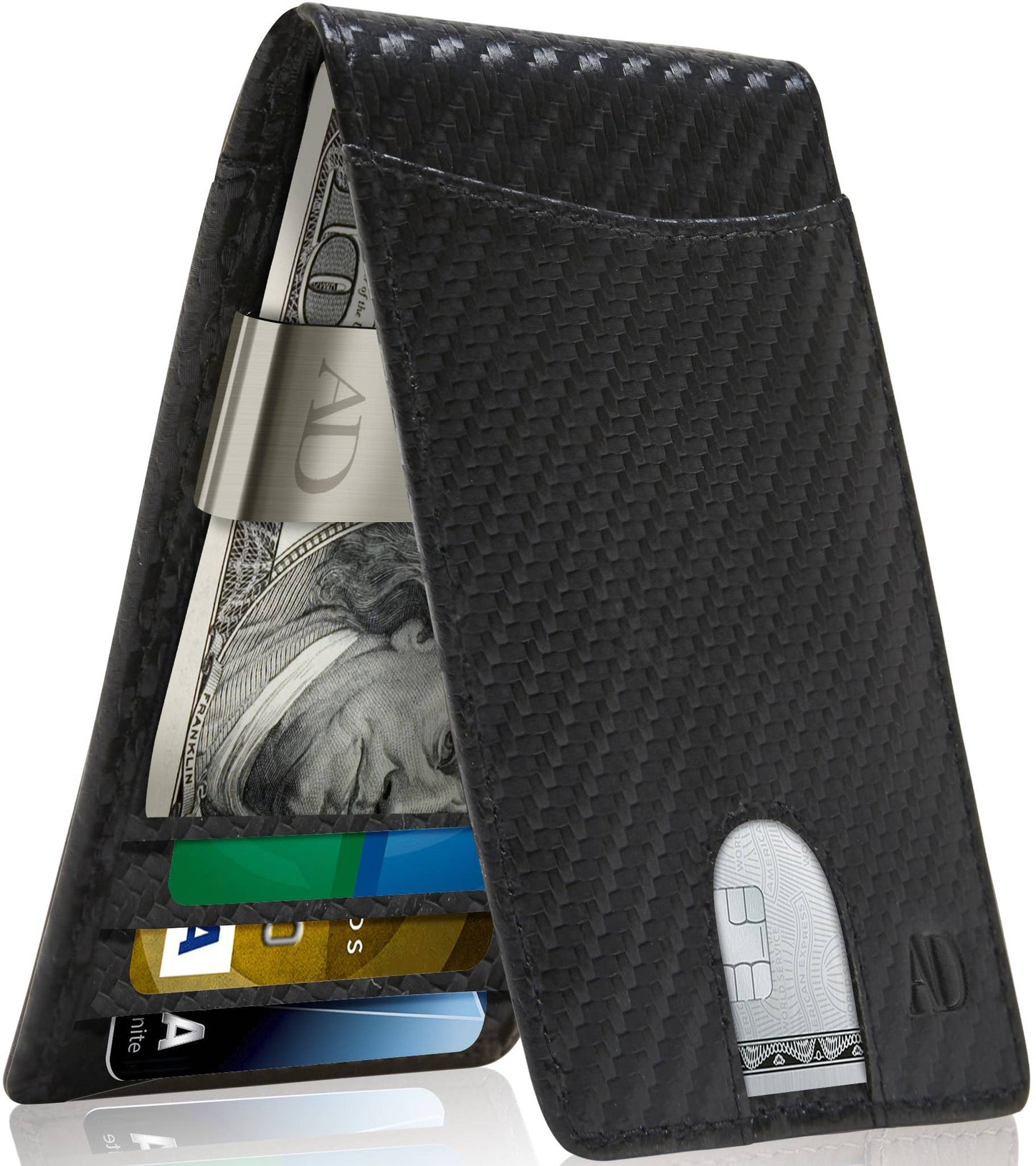 Genuine Leather Slim Money Clip Bifold Wallet For Men RFID: Black Carbonfiber