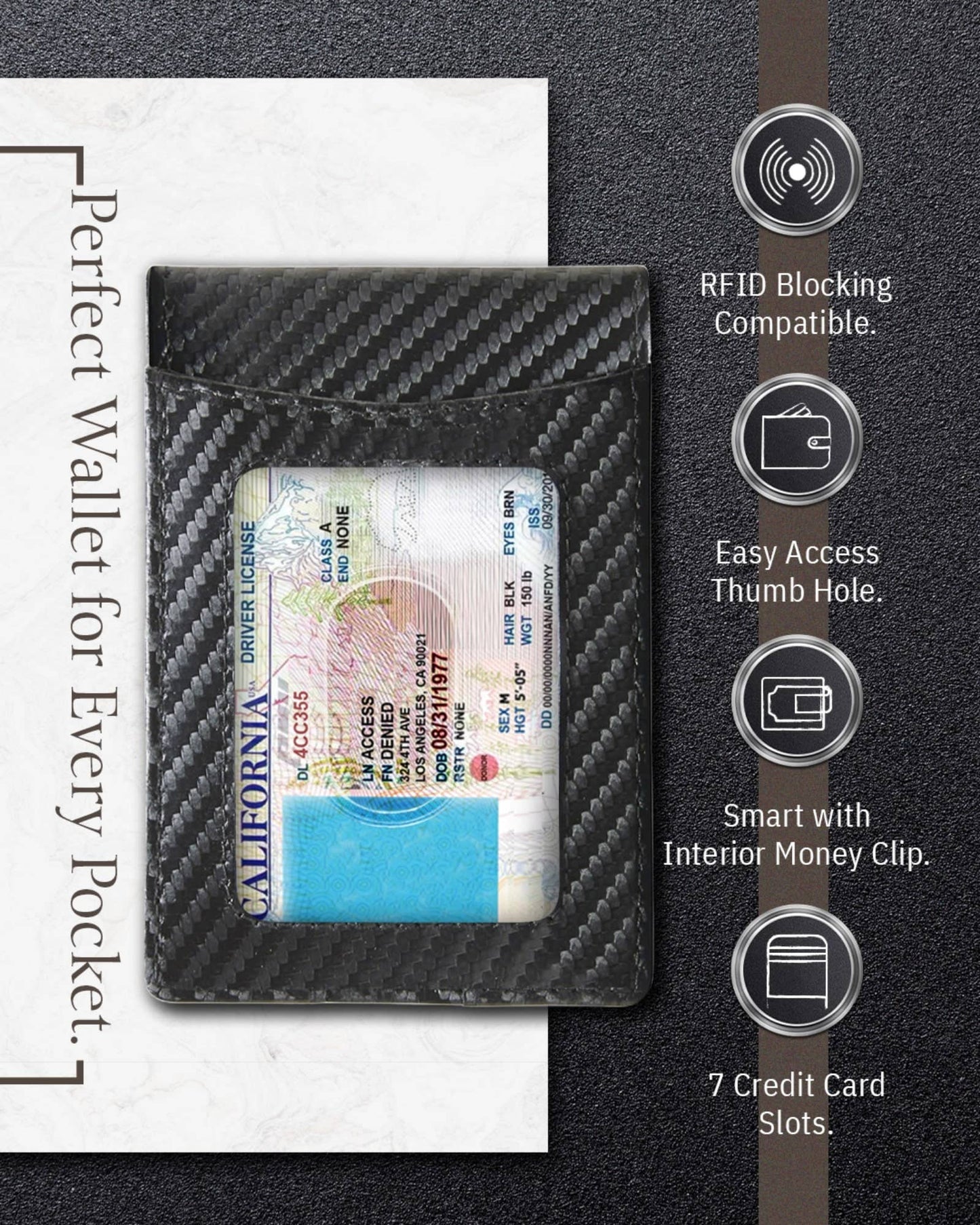 Genuine Leather Slim Money Clip Bifold Wallet For Men RFID: Black Carbonfiber