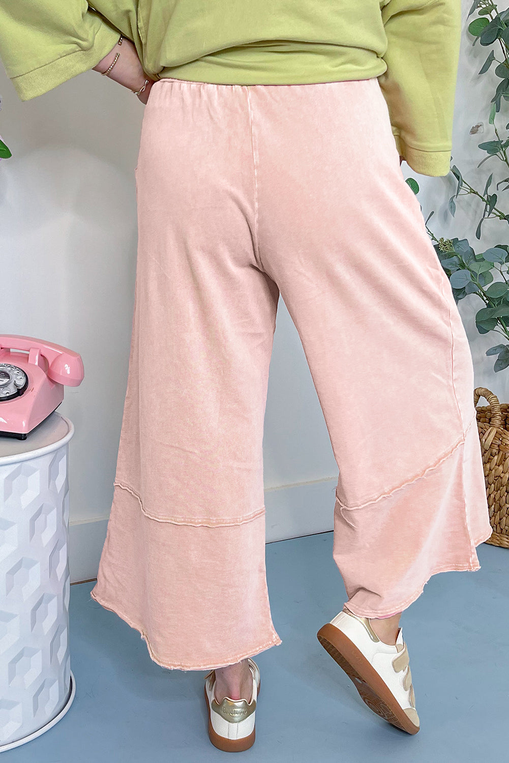Pink Flower Patch Mineral Washed Cropped Wide Leg Pants