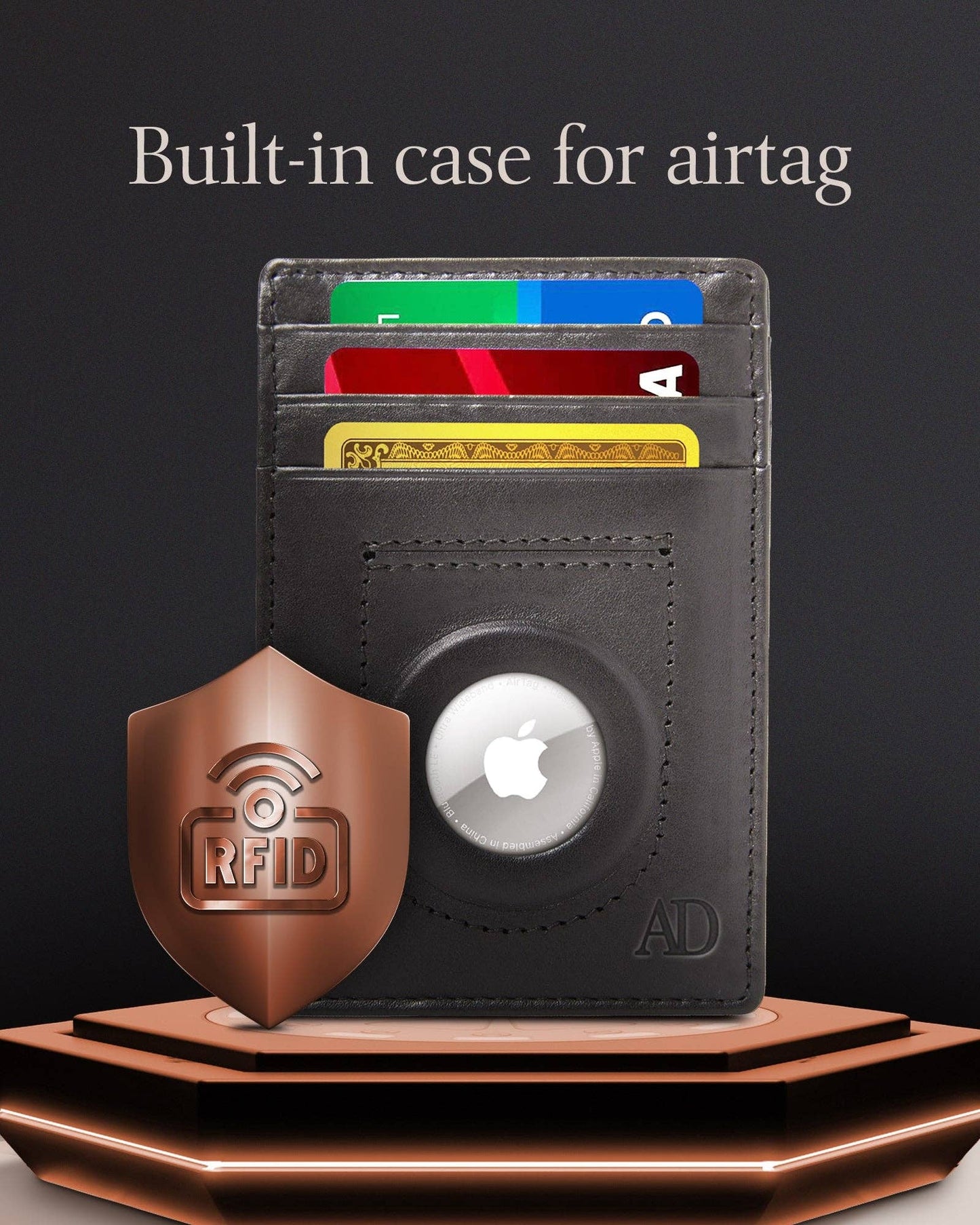 Genuine Leather Slim Card Holder Air Tag Card Holder Wallet: Black Saffiano