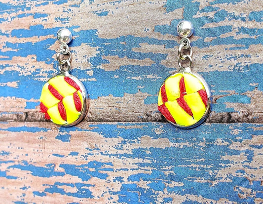 Real Softball Dangle Earrings, Softball and Baseball Studs: Softball