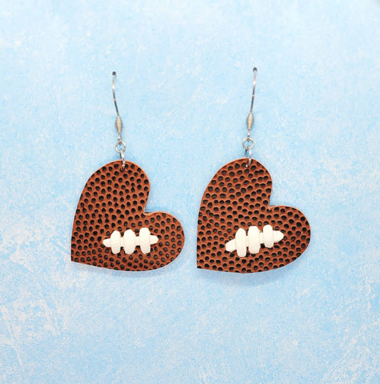 Football Heart and Laces Earrings, Real Football Earrings: Football