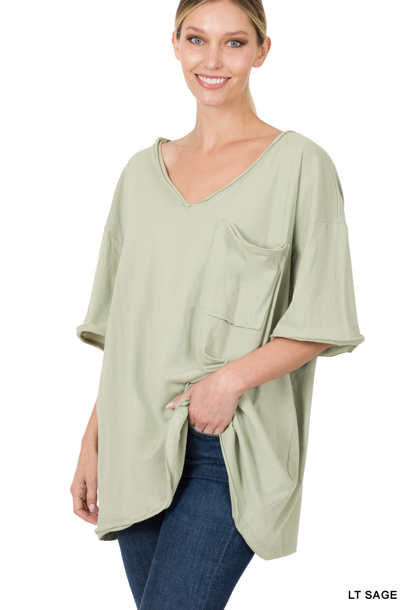 OVERSIZED FRONT POCKET RAW EDGE BOYFRIEND TEE