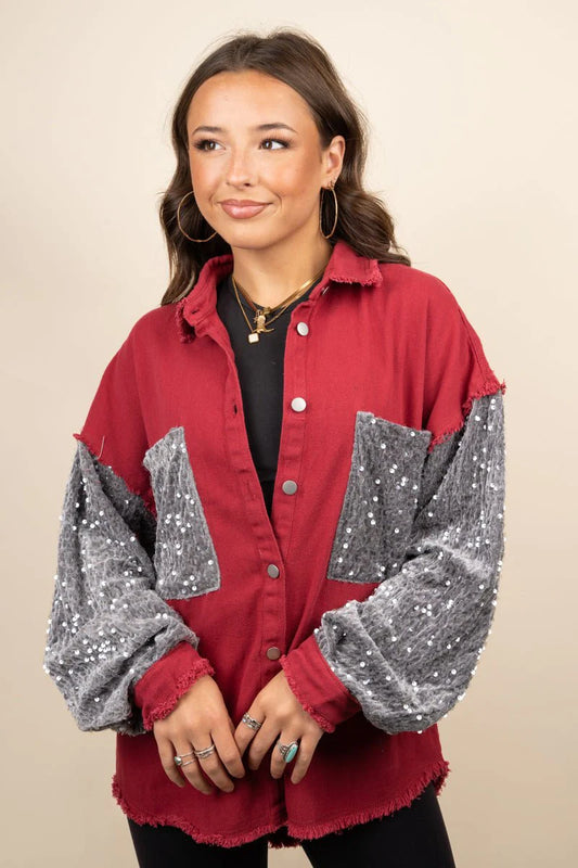 Full Of Spirit Crimson and Gray Sequin Shacket