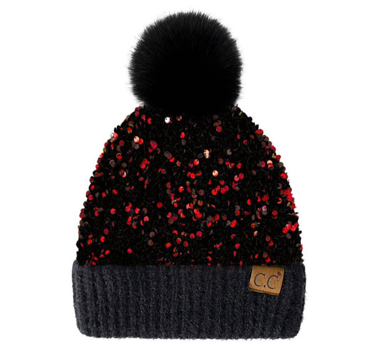 Adult CC Red & Black Sequin Beanie