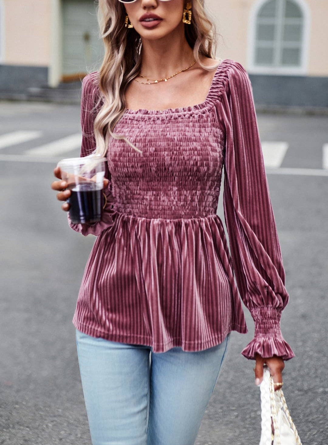 Velvet Smocked Ribbed Square Neck Peplum Blouse