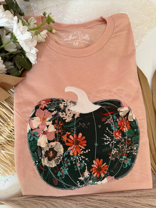 Peach Fall Floral Pumpkin Halloween Short Sleeve