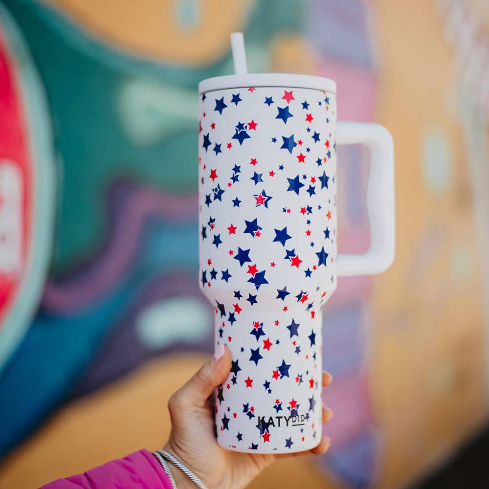 Red, White, Blue STAR 38 Oz Tumbler w/ Handle: White