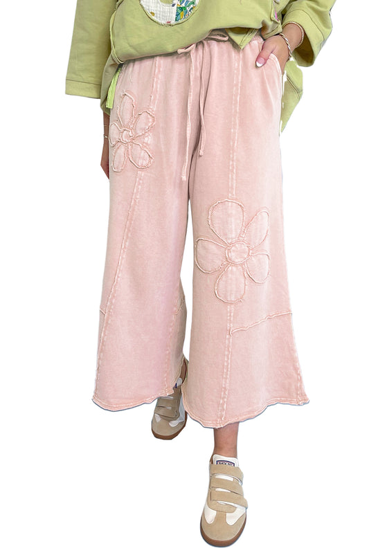 Pink Flower Patch Mineral Washed Cropped Wide Leg Pants