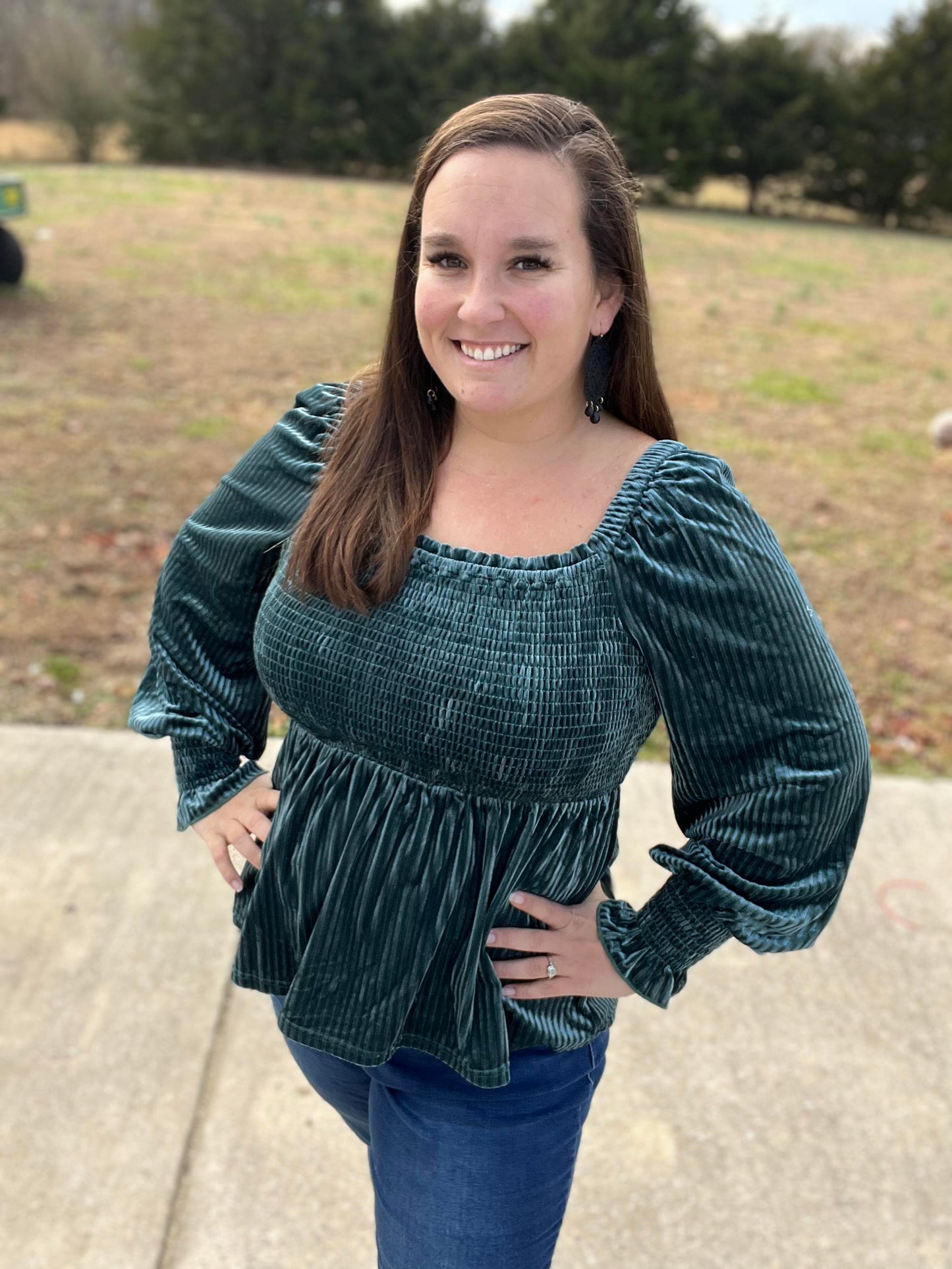 Velvet Smocked Ribbed Square Neck Peplum Blouse